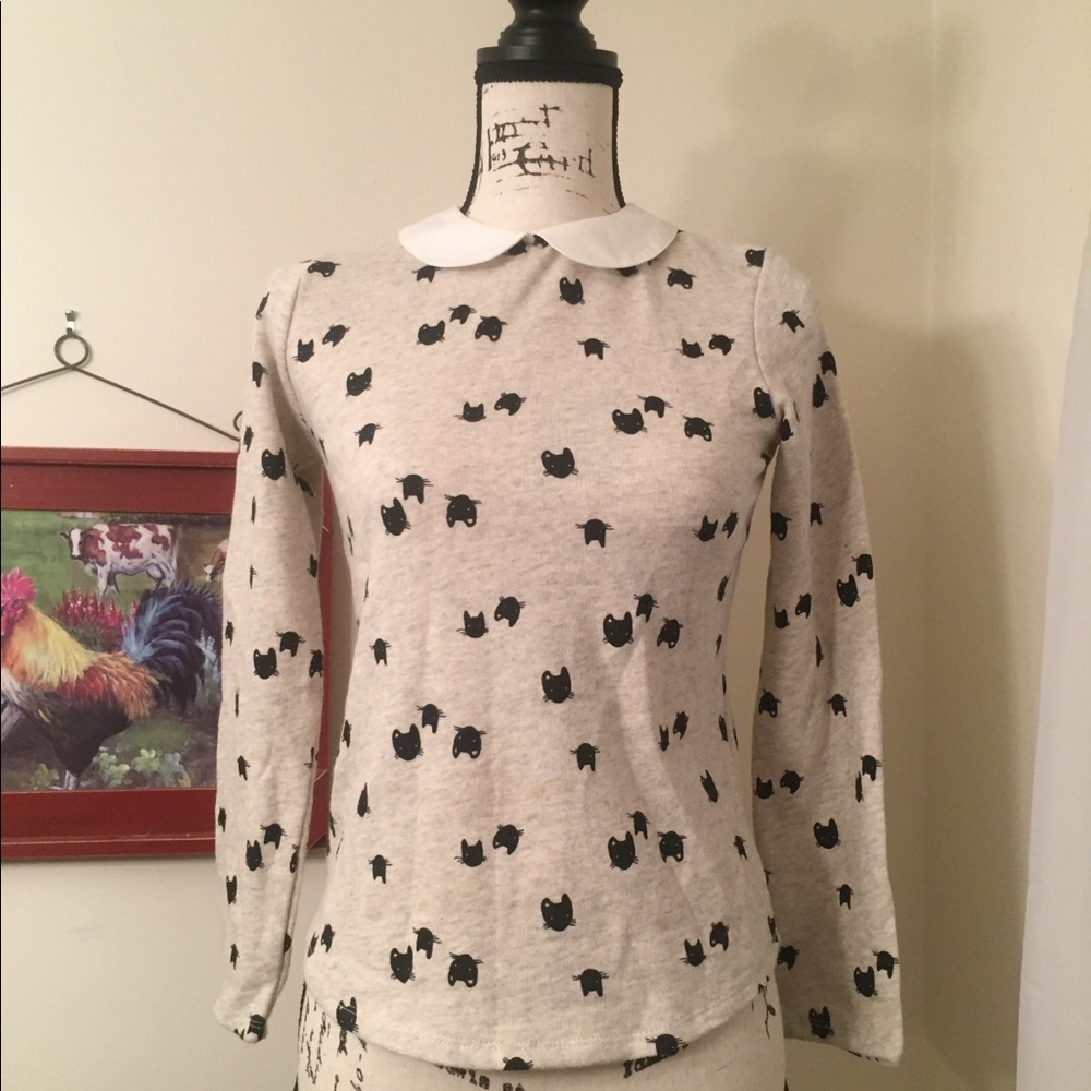 Peter Pan Collar Cat Print Shirt